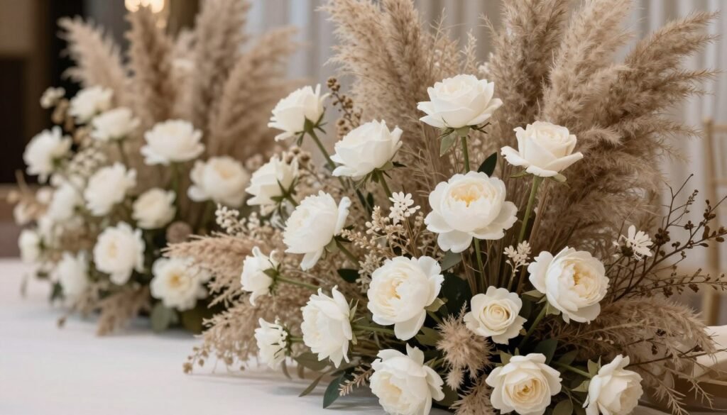 Mixed installation of fresh and preserved flowers in white and neutral tones Mixed installation of fresh and preserved flowers in white and neutral tones