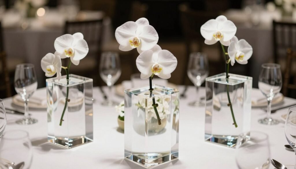 Modern lucite stands with white orchids submerged in water as wedding centerpieces Modern lucite stands with white orchids submerged in water as wedding centerpieces