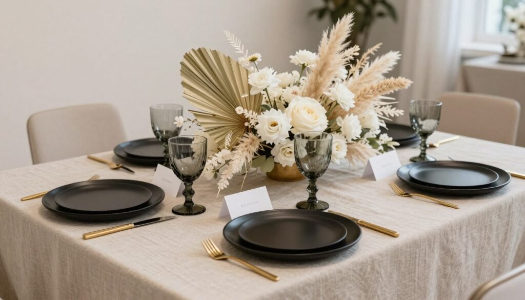 Modern wedding table with textured neutral linens and dried floral elements Modern wedding table with textured neutral linens and dried floral elements