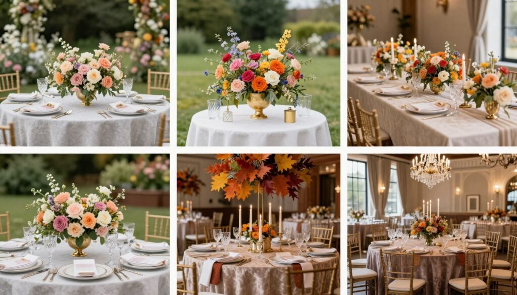 Seasonal comparison of wedding table settings for different venues Seasonal comparison of wedding table settings for different venues