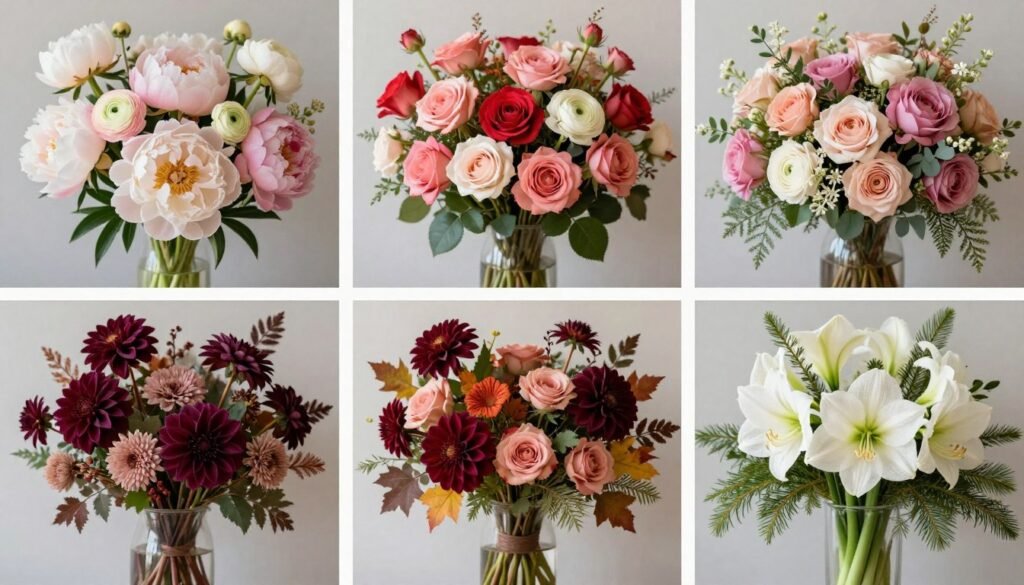 Seasonal luxury wedding flowers for each season displayed in elegant arrangements Seasonal luxury wedding flowers for each season displayed in elegant arrangements