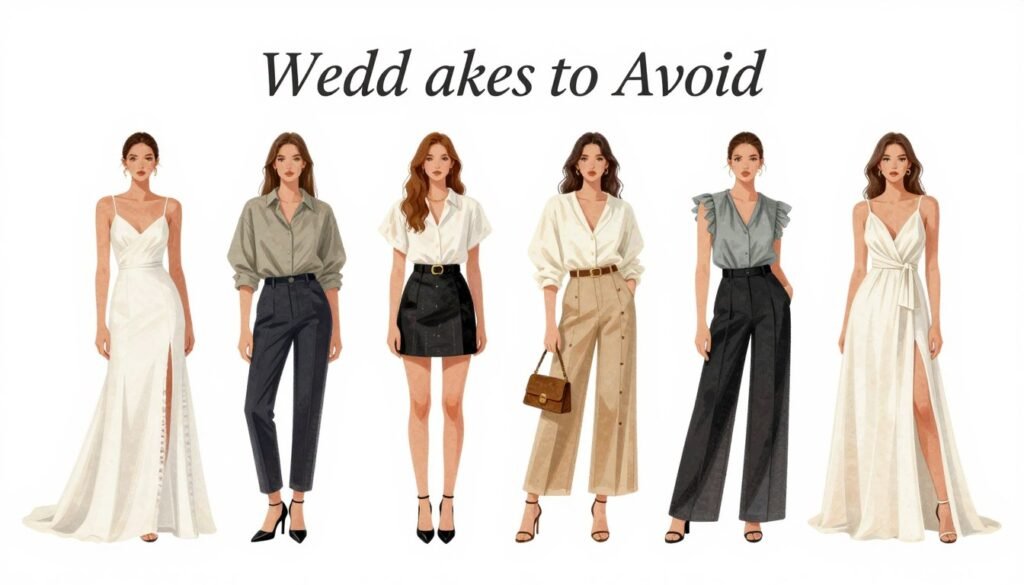 Visual guide showing wedding guest outfit mistakes to avoid Visual guide showing wedding guest outfit mistakes to avoid