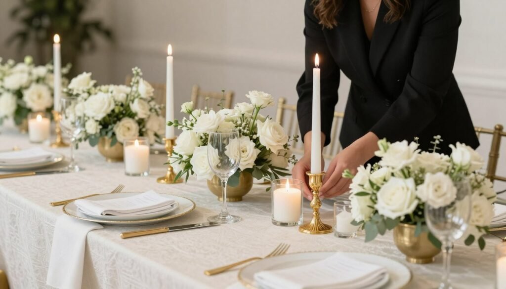 Wedding designer arranging elements on a luxury table setting Wedding designer arranging elements on a luxury table setting