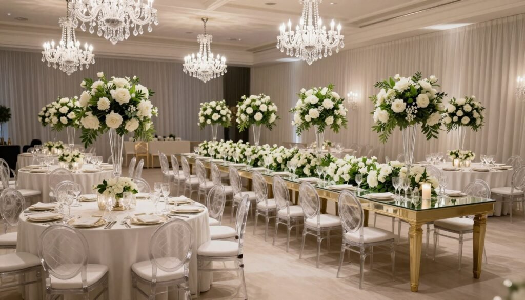 Wedding reception with mix of long and round tables elegantly decorated Wedding reception with mix of long and round tables elegantly decorated