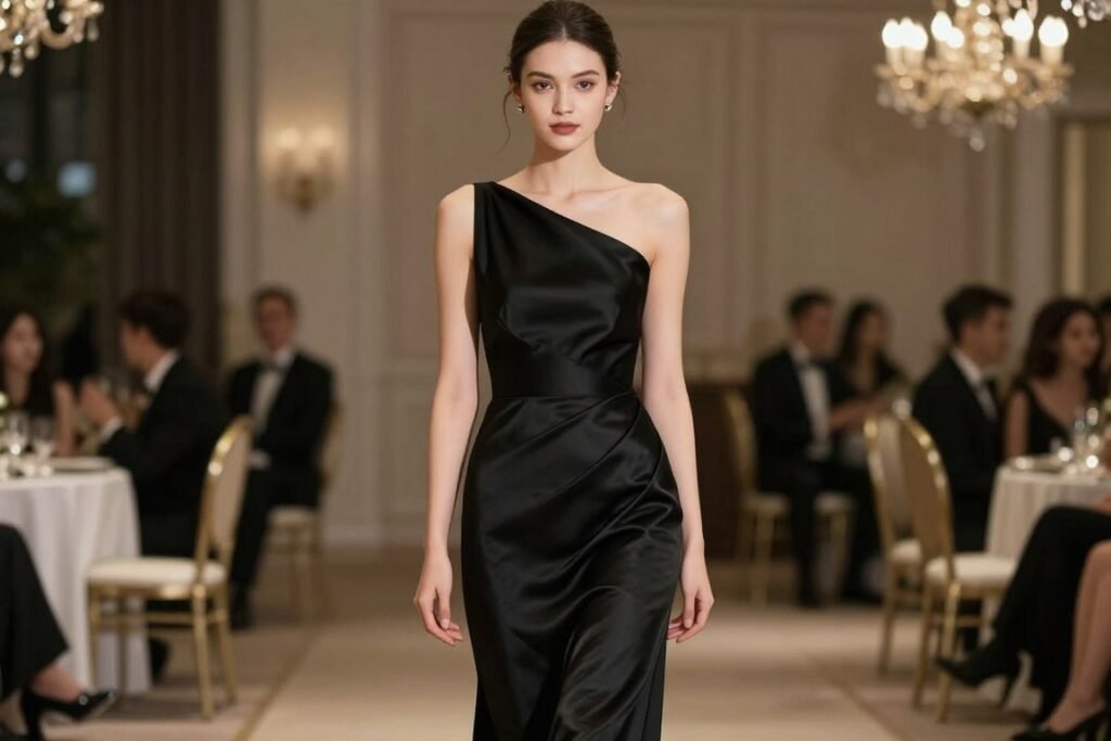 Woman in floor-length black satin gown for black tie wedding Woman in floor-length black satin gown for black tie wedding