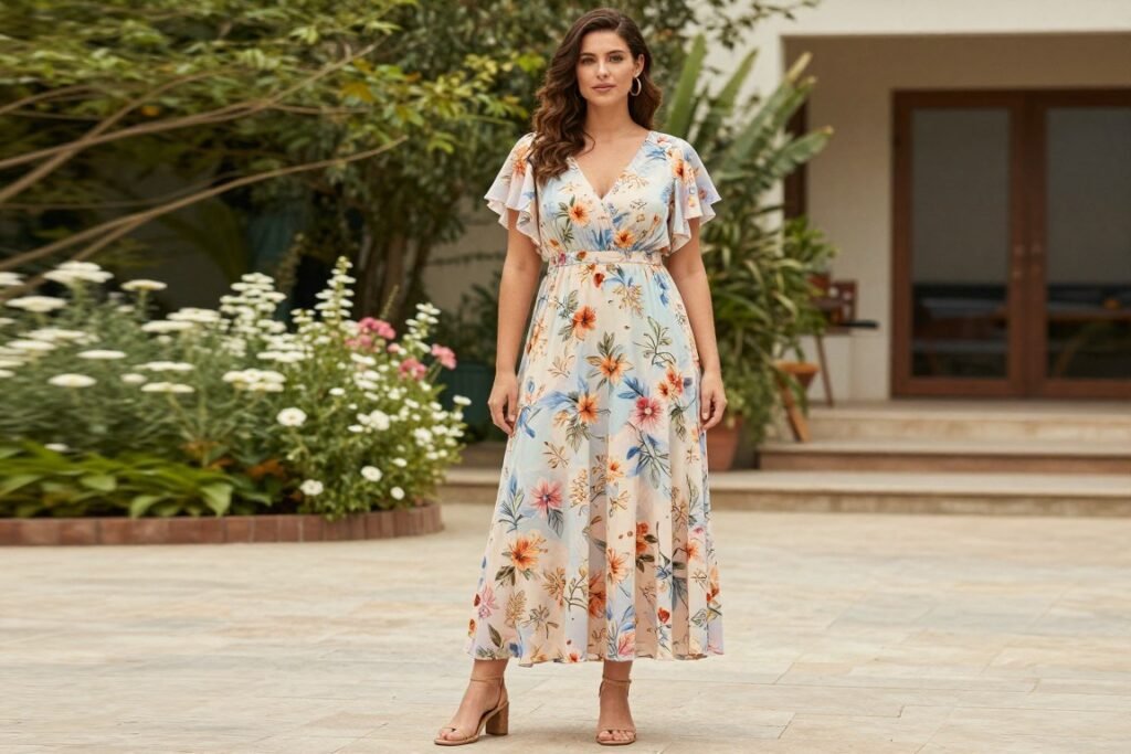 Woman in floral maxi dress for garden wedding Woman in floral maxi dress for garden wedding