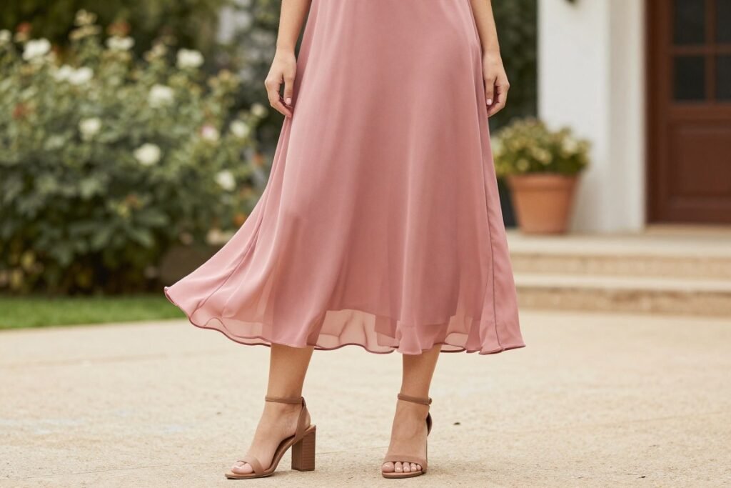 Woman in flowy midi dress for semi-formal wedding Woman in flowy midi dress for semi-formal wedding
