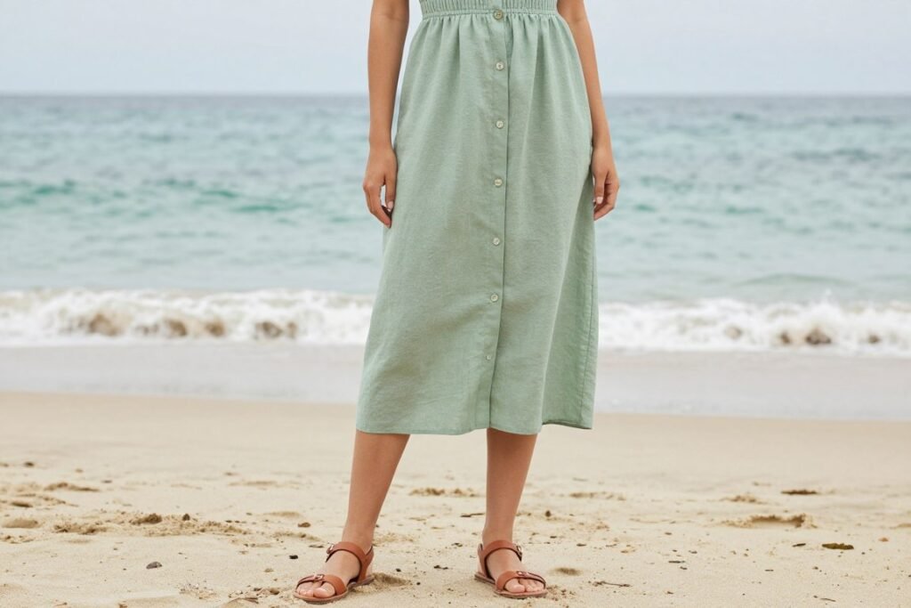 Woman in linen blend dress for beach wedding Woman in linen blend dress for beach wedding