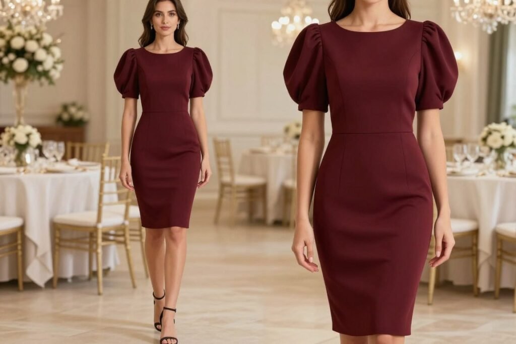 Woman in statement sleeve midi dress for cocktail wedding Woman in statement sleeve midi dress for cocktail wedding