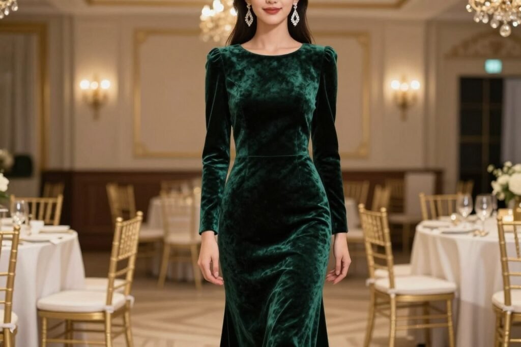 Woman in velvet jewel-tone gown for winter black tie wedding Woman in velvet jewel-tone gown for winter black tie wedding