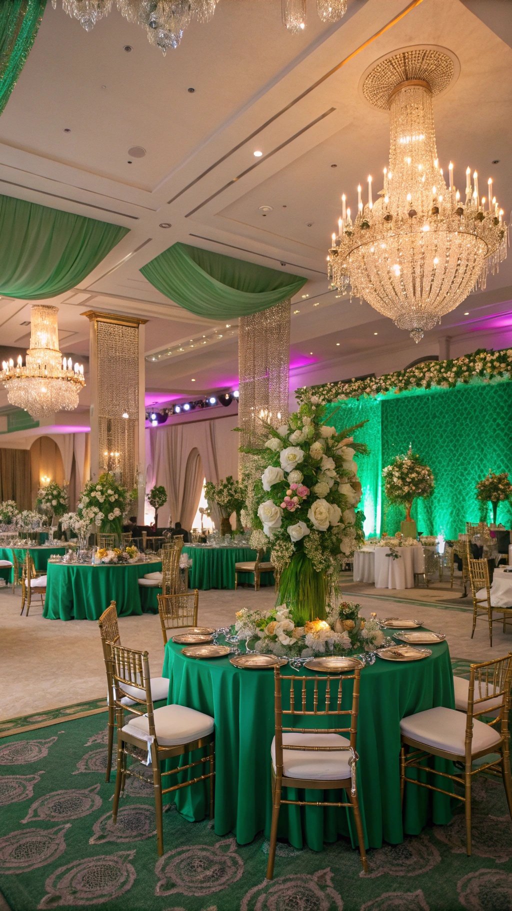 19 Stunning Emerald Green Wedding Ideas for an Enchanting Celebration Elegant emerald green wedding reception decor with chandeliers, floral arrangements, and golden accents.