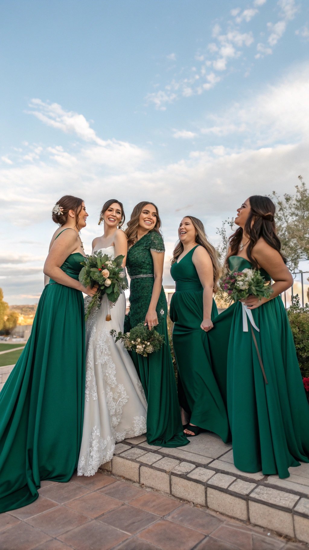 19 Stunning Emerald Green Wedding Ideas for an Enchanting Celebration Group of bridesmaids in emerald green dresses smiling together at a wedding