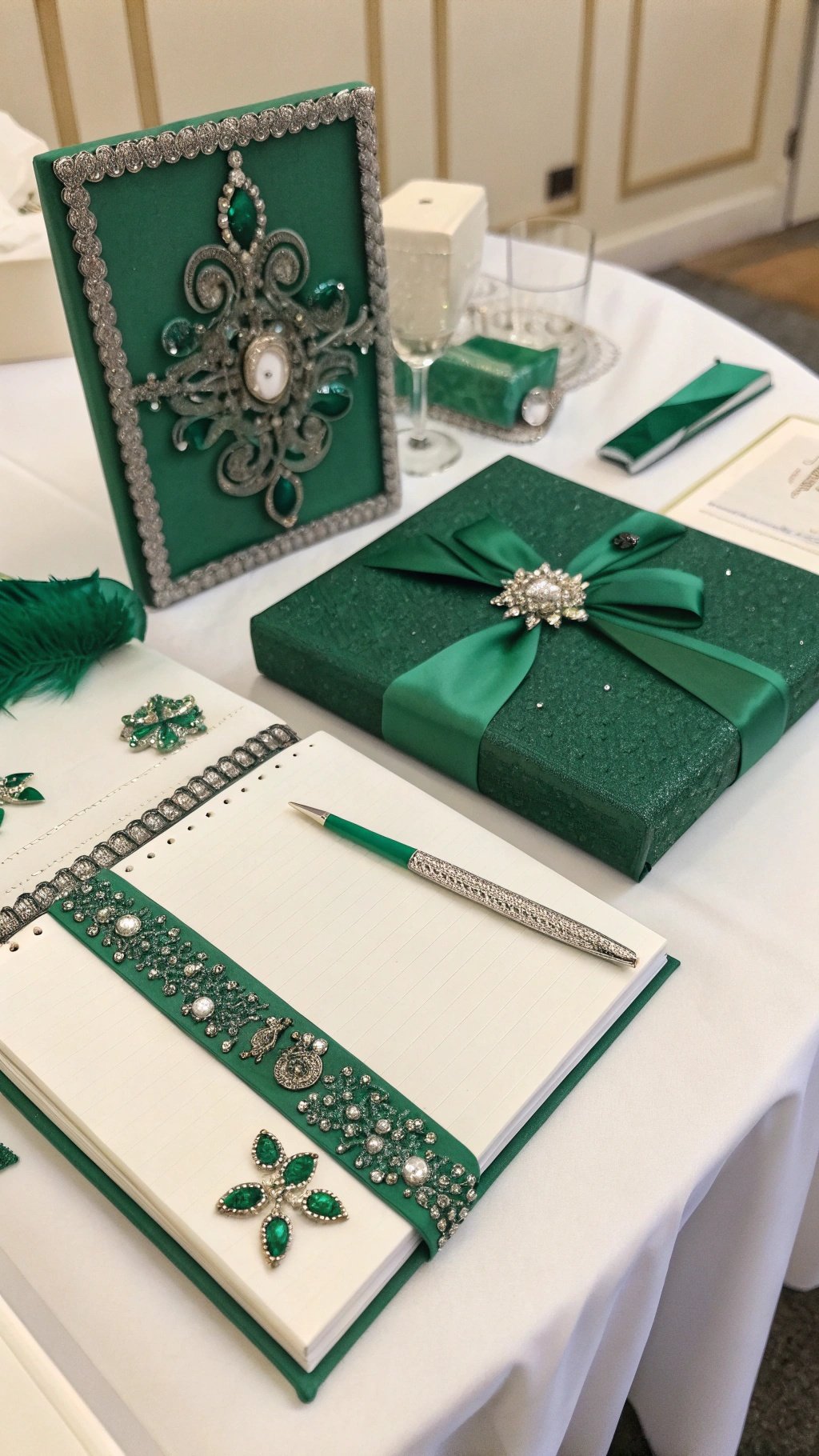19 Stunning Emerald Green Wedding Ideas for an Enchanting Celebration An elegant emerald green guest book setup with embellishments and a matching pen.