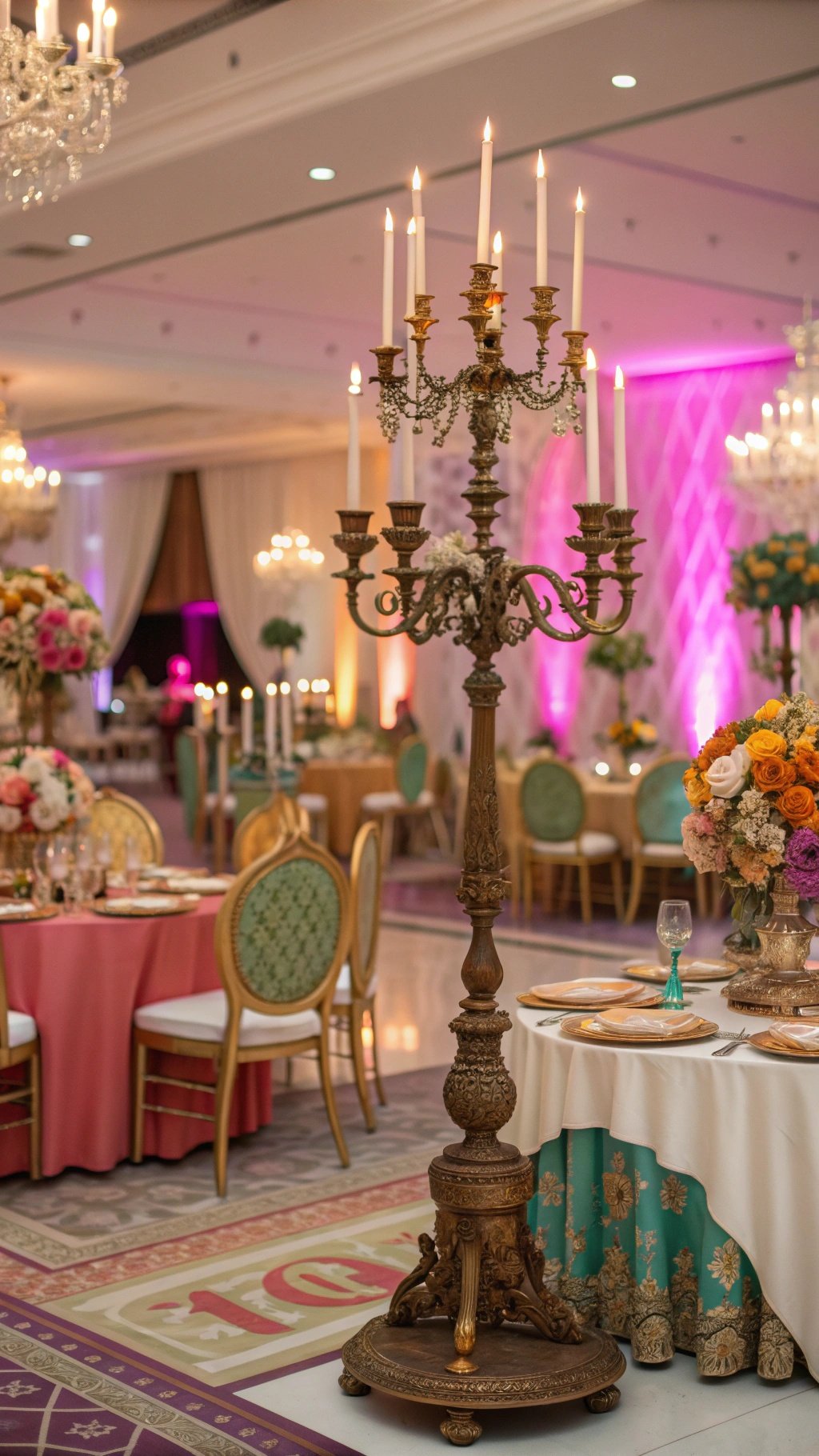 17 Timeless Elements of an Elegant Old Money Wedding Elegant wedding decor featuring a tall candelabra, floral arrangements, and luxurious table settings.