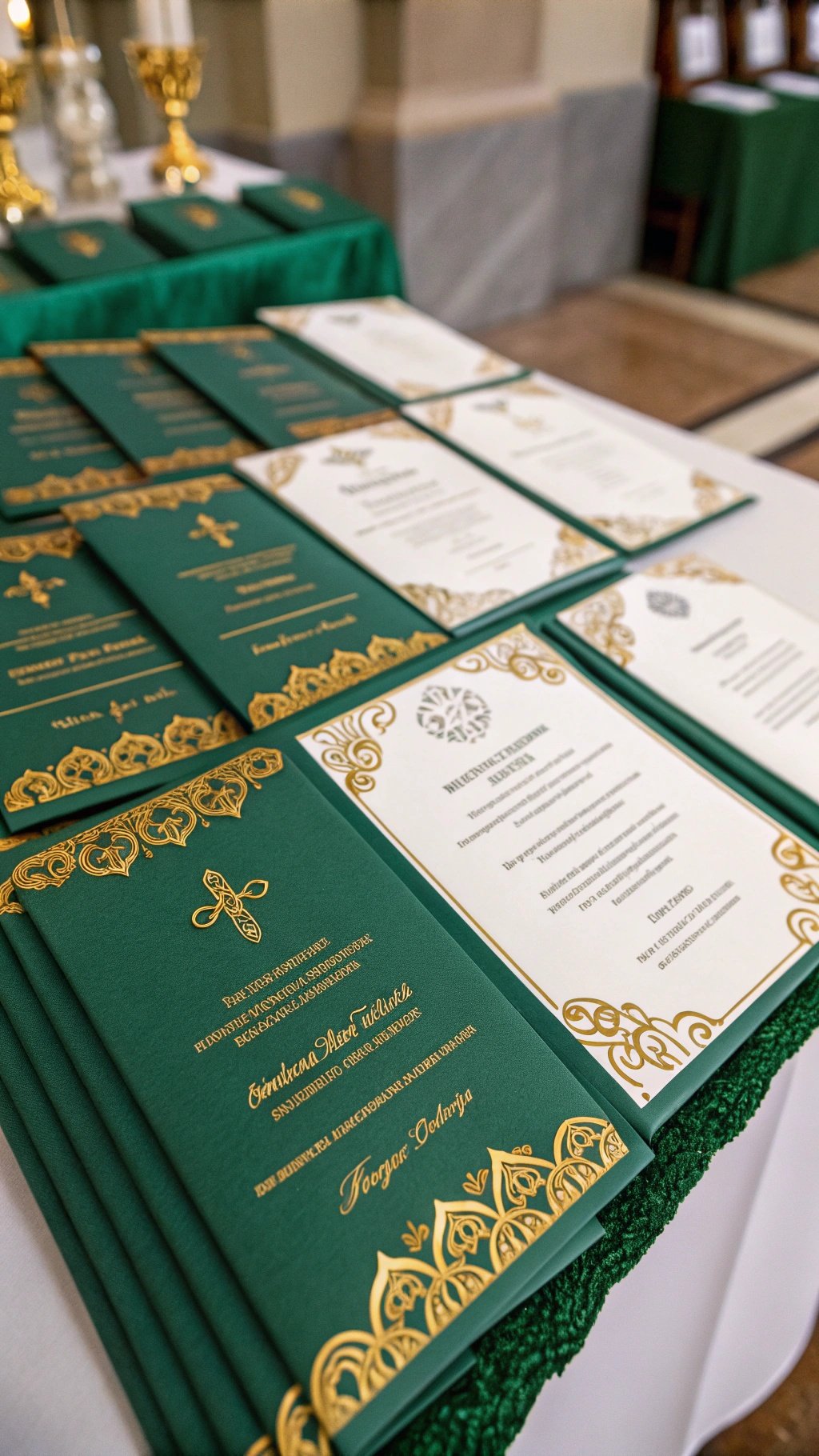 19 Stunning Emerald Green Wedding Ideas for an Enchanting Celebration A display of emerald green wedding programs with gold accents, elegantly arranged on a table.