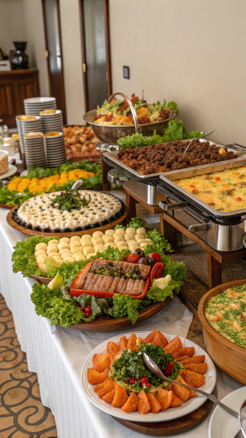 17 Timeless Elements of an Elegant Old Money Wedding A lavish buffet spread featuring gourmet dishes, salads, and meats, beautifully arranged for a wedding.