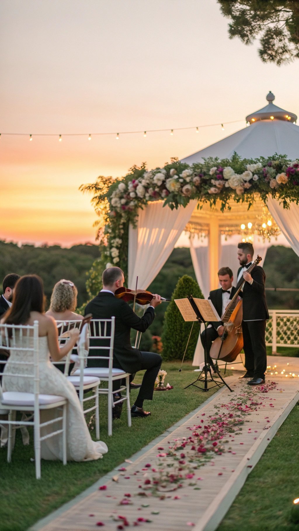 17 Timeless Elements of an Elegant Old Money Wedding An outdoor wedding ceremony with musicians playing classical music under a beautifully decorated gazebo at sunset.