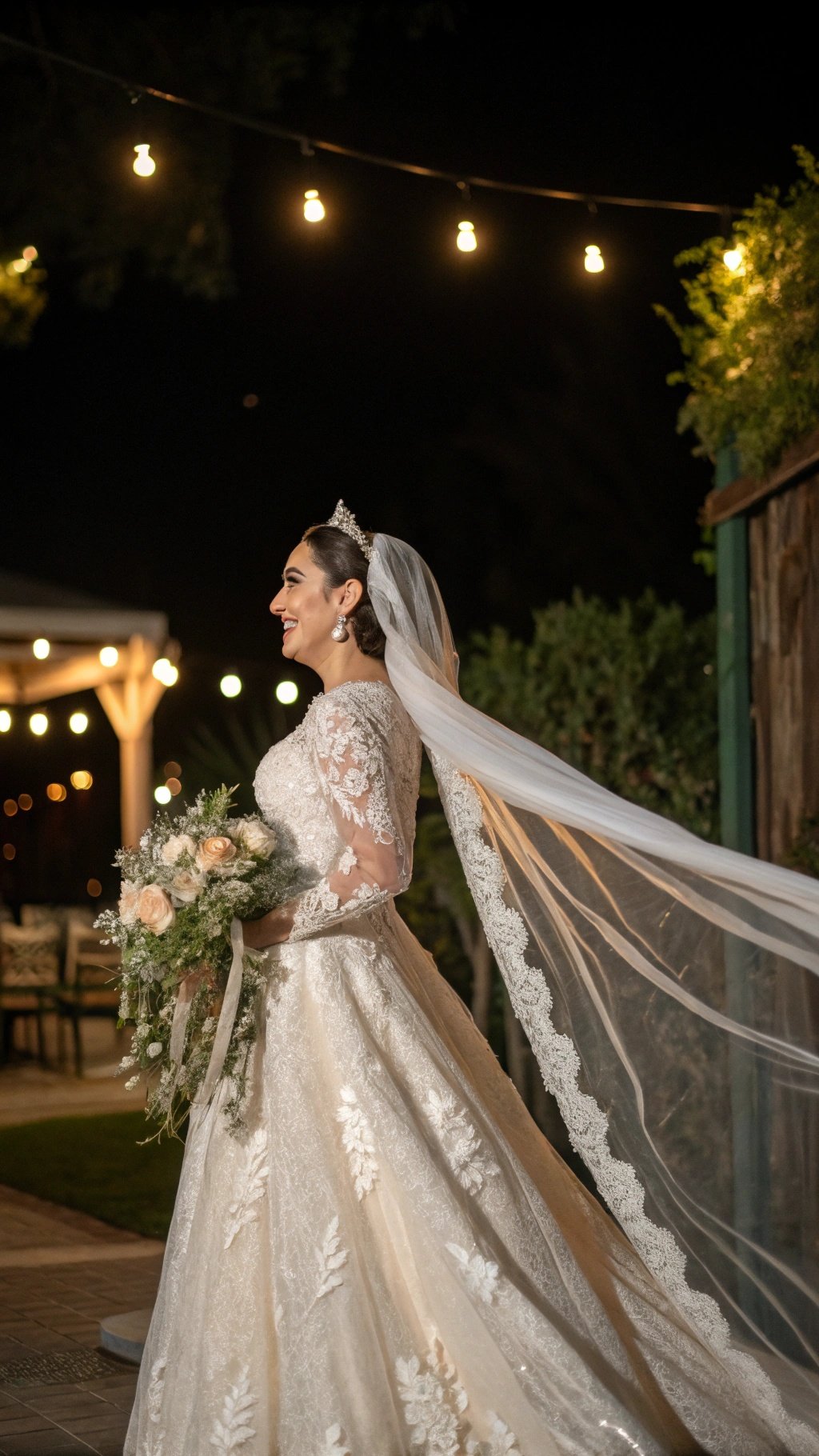 17 Timeless Elements of an Elegant Old Money Wedding Bride in a classic wedding gown with lace details, long veil, and bouquet, illuminated by string lights.
