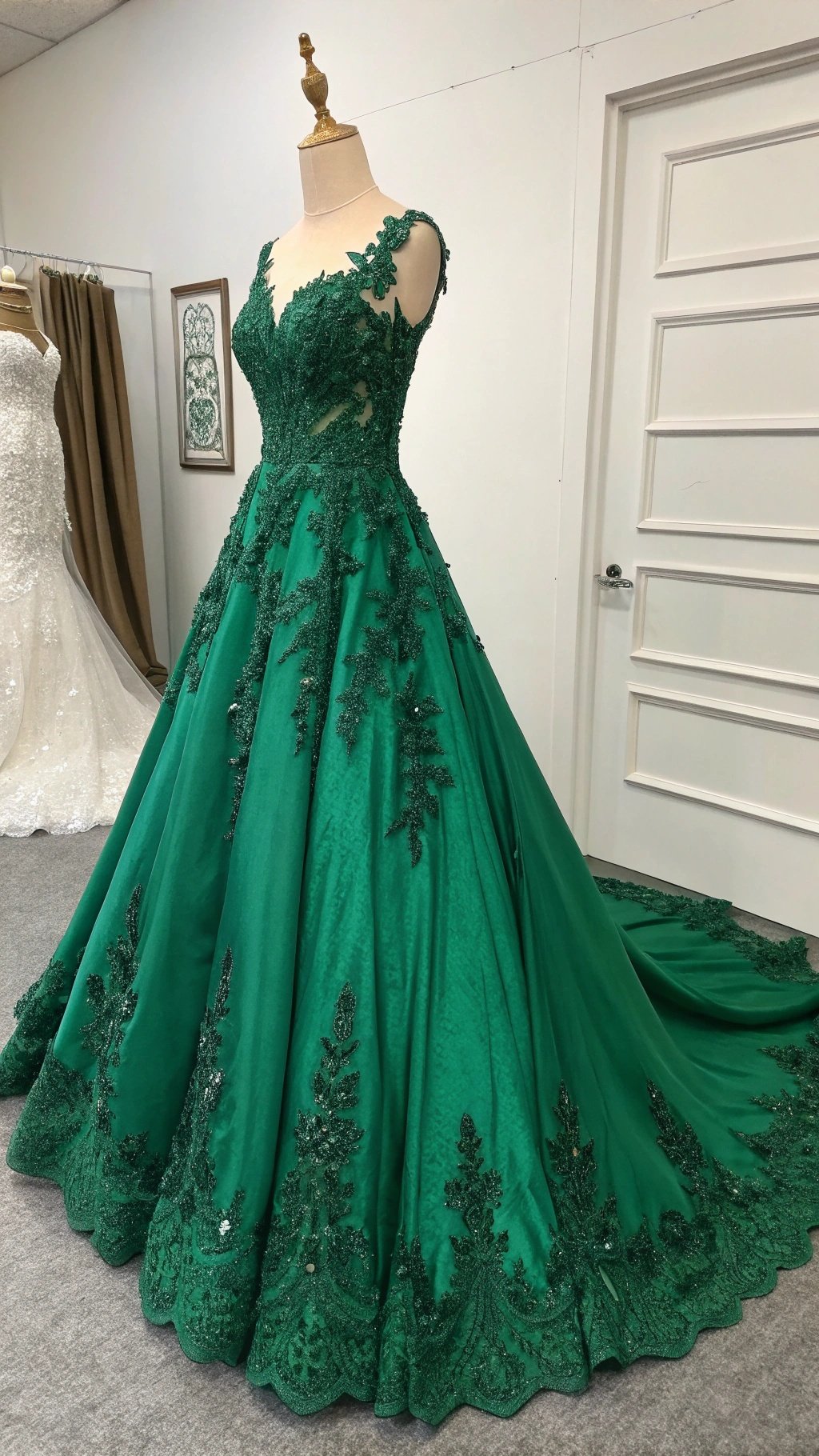 19 Stunning Emerald Green Wedding Ideas for an Enchanting Celebration A stunning emerald green bridal gown with intricate floral embellishments and a flowing skirt.