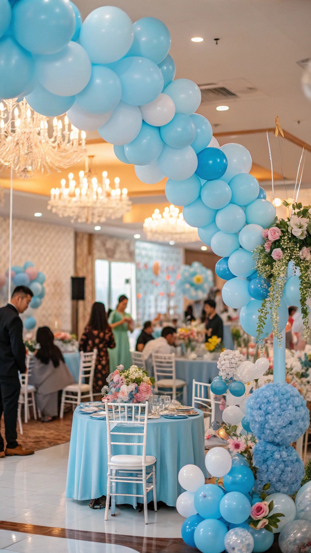 16 Stunning Baby Blue Wedding Ideas for Your Dream Day A beautifully decorated wedding reception with baby blue balloons, floral arrangements, and light blue tablecloths.