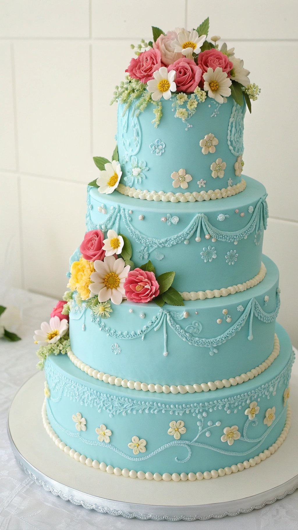 16 Stunning Baby Blue Wedding Ideas for Your Dream Day A three-tiered baby blue wedding cake decorated with flowers and intricate designs.