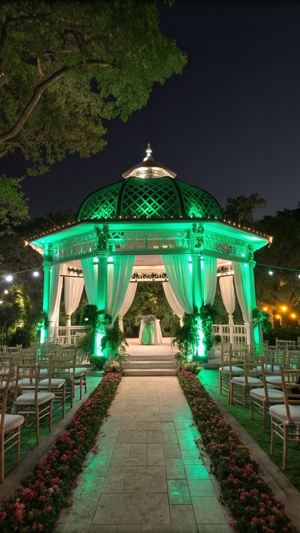 19 Stunning Emerald Green Wedding Ideas for an Enchanting Celebration A beautifully lit gazebo in emerald green, surrounded by flowers and seating for a wedding ceremony.
