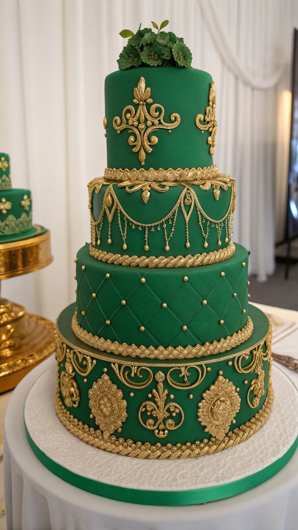 19 Stunning Emerald Green Wedding Ideas for an Enchanting Celebration A stunning emerald green wedding cake with gold detailing and fresh greenery on top.