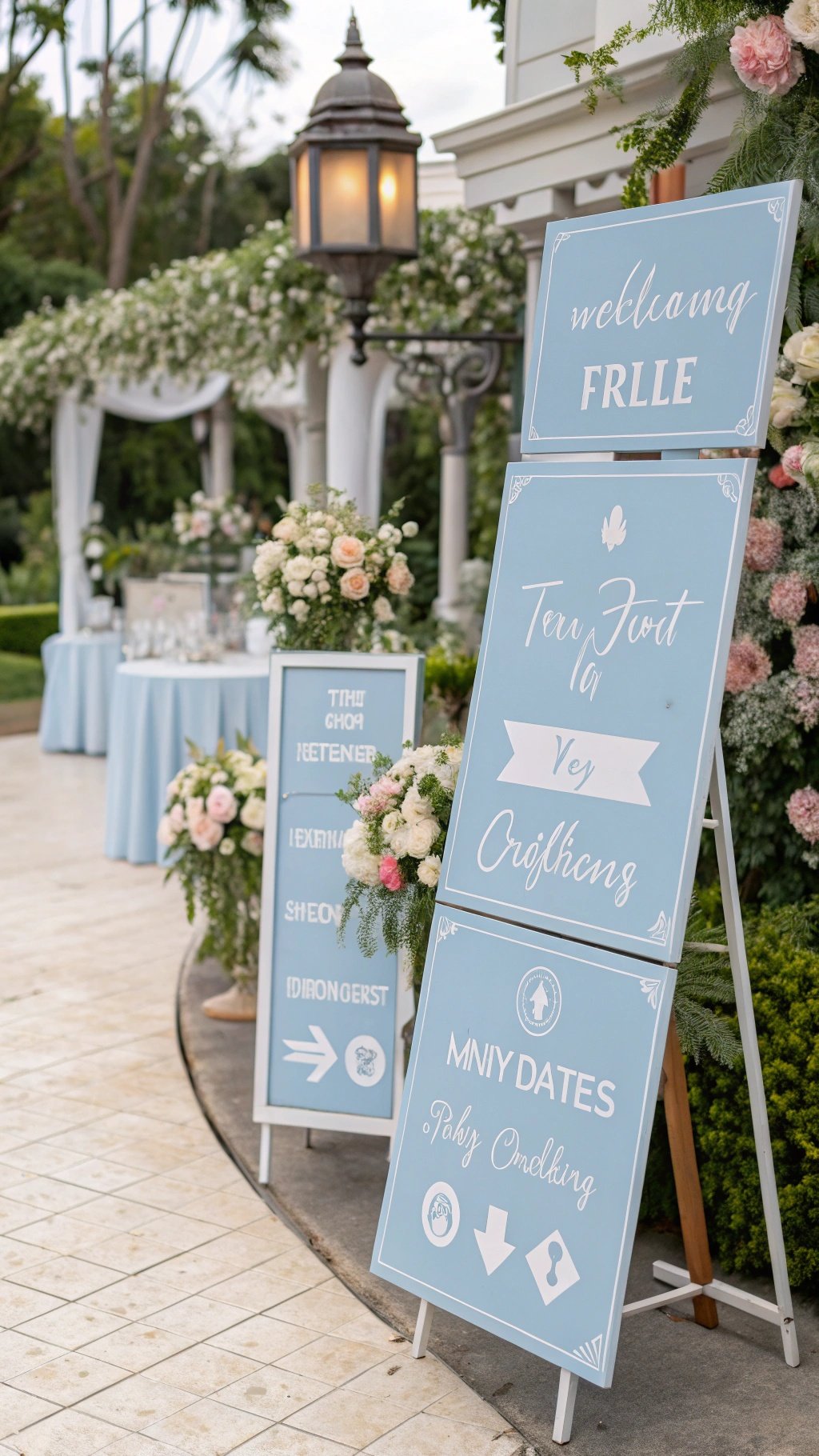 16 Stunning Baby Blue Wedding Ideas for Your Dream Day Baby blue wedding signage with floral arrangements and greenery