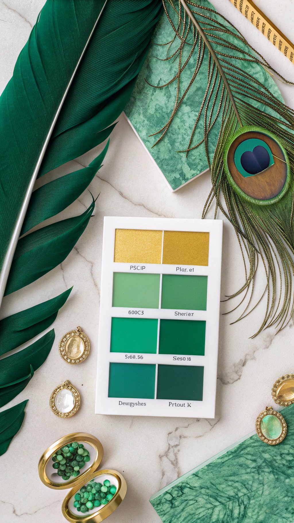 19 Stunning Emerald Green Wedding Ideas for an Enchanting Celebration Emerald green and gold color palette with paint swatches, feathers, and jewelry.