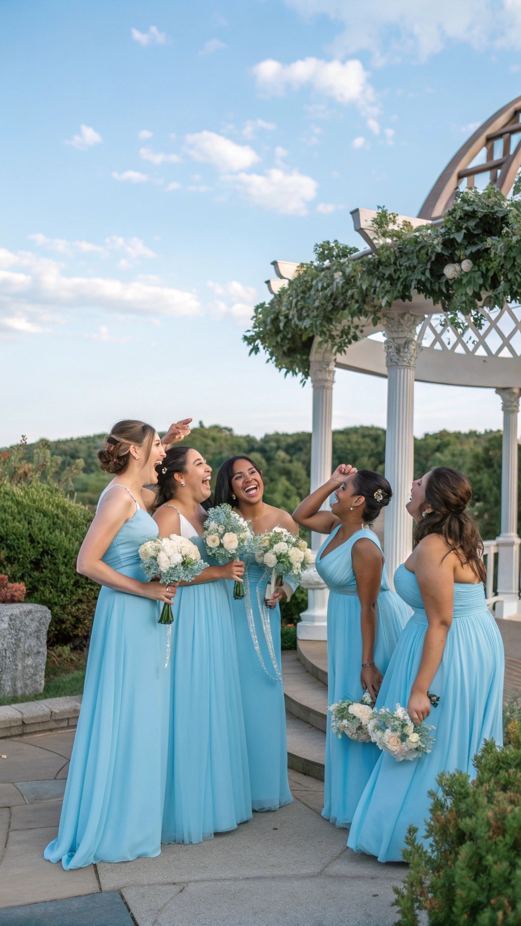 16 Stunning Baby Blue Wedding Ideas for Your Dream Day Group of bridesmaids in baby blue dresses laughing together outdoors