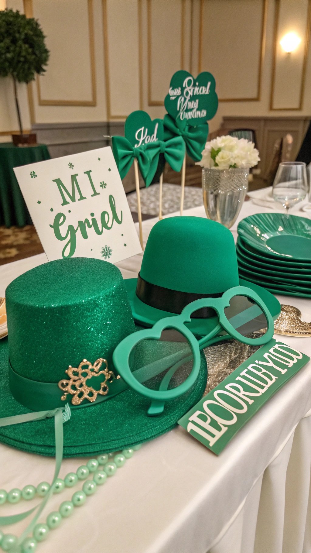 19 Stunning Emerald Green Wedding Ideas for an Enchanting Celebration Emerald green wedding photo booth props including hats, sunglasses, and signs