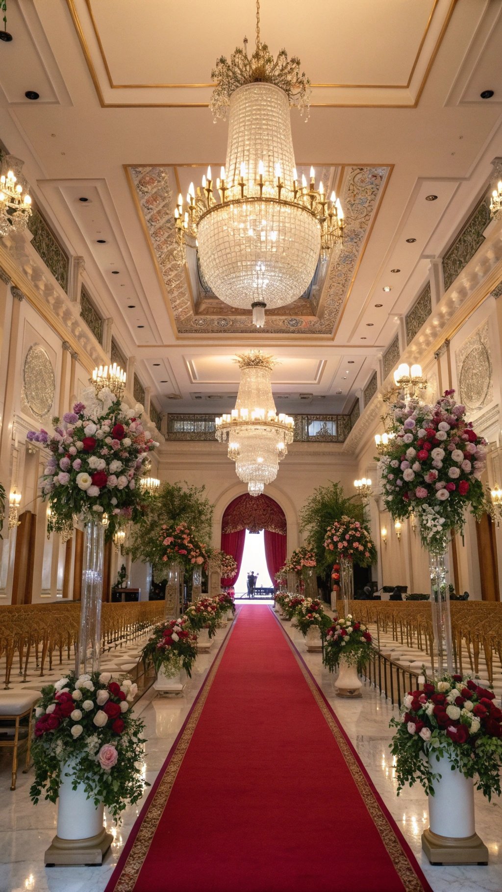 17 Timeless Elements of an Elegant Old Money Wedding A luxurious wedding venue featuring chandeliers, floral arrangements, and a red carpet aisle.