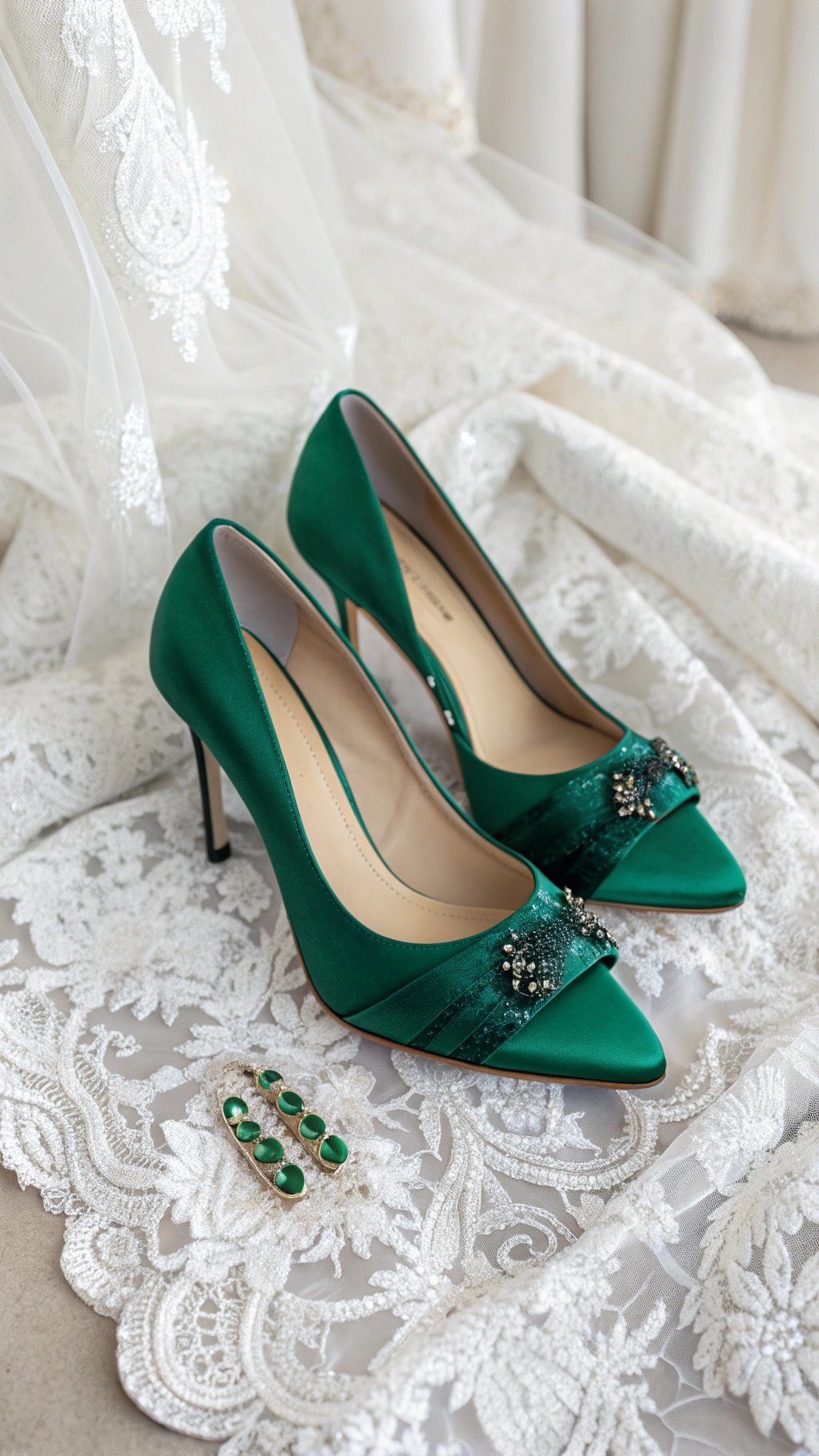 19 Stunning Emerald Green Wedding Ideas for an Enchanting Celebration Emerald green bridal shoes with embellishments on lace fabric
