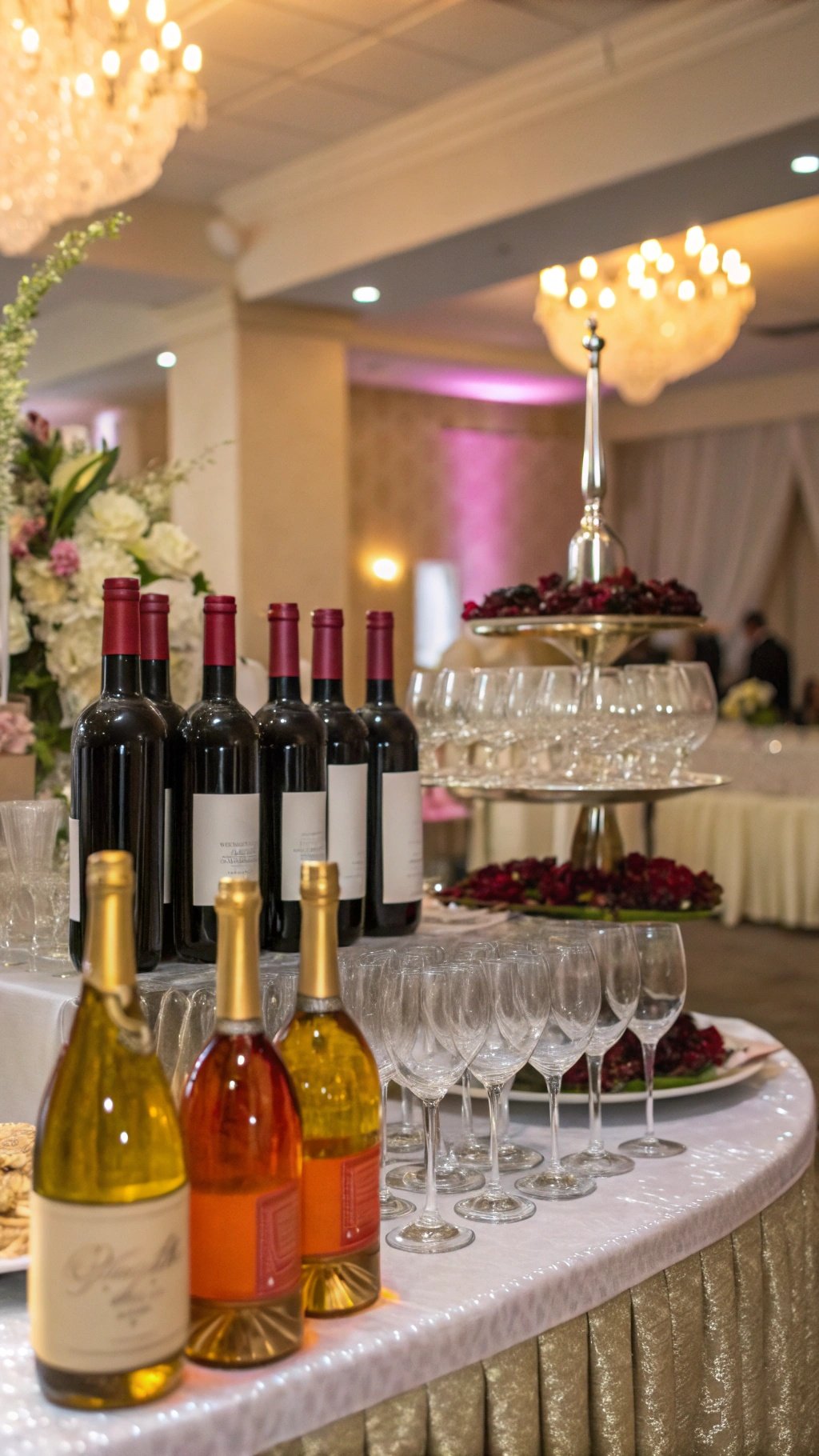 17 Timeless Elements of an Elegant Old Money Wedding A luxurious display of fine wines at an elegant wedding reception.