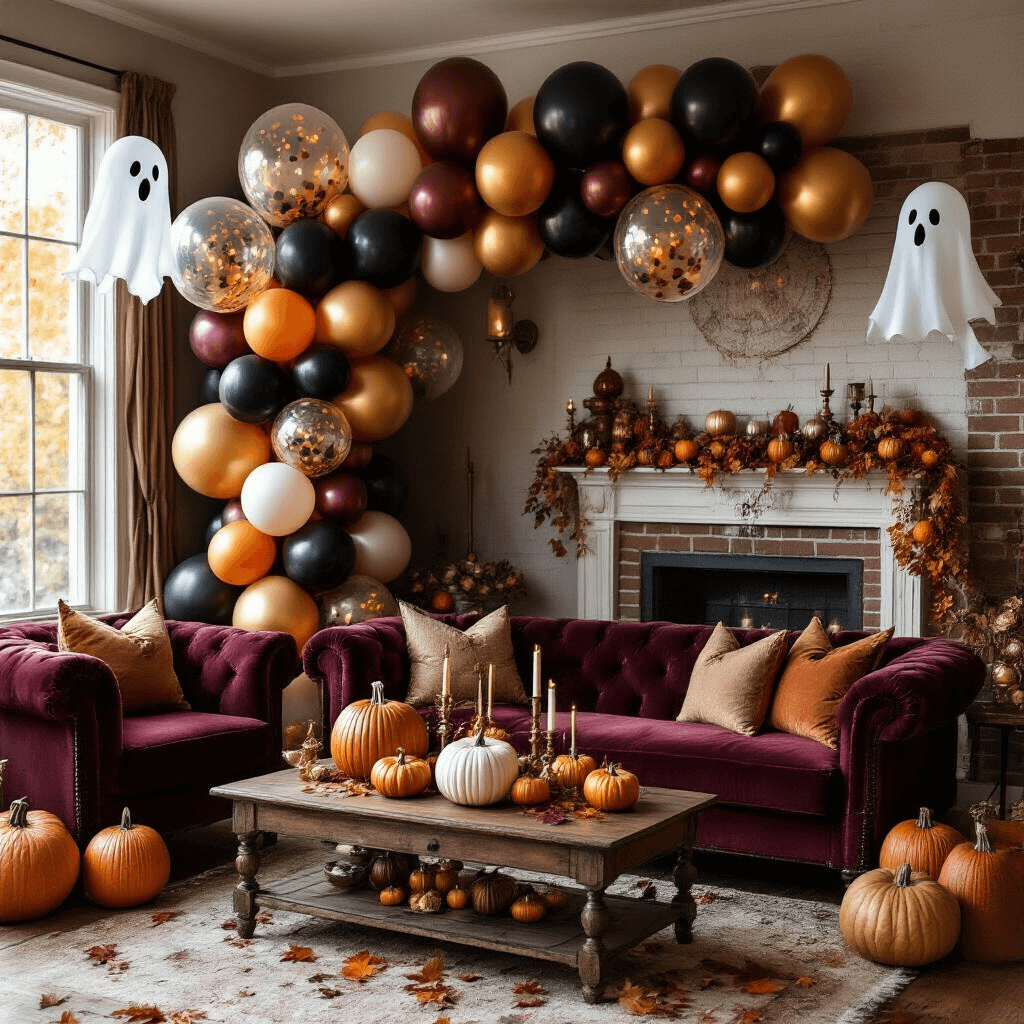 Halloween Balloons: Your Complete Guide to Spooky, Show-Stopping Party Decorations Moody living room during Halloween with autumn-toned balloon decorations, vintage velvet sofa, rustic wooden coffee table with ceramic pumpkin centerpieces, ghost balloons, and warm candlelight creating an elegant yet spooky atmosphere.