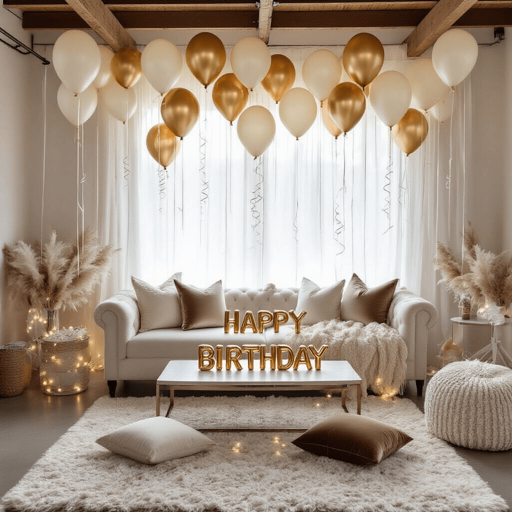 Birthday Balloons Aesthetic: How I Learned to Stop Settling for Boring Party Decor Intimate overhead view of a cozy monochrome birthday celebration in a living room, featuring cream and champagne balloons with metallic gold accents hanging from wooden beams, soft morning light illuminating textured balloon finishes, a low coffee table with velvet cushions, personalized letter balloons, curling ribbons, and battery-powered LED string lights, complemented by layered textiles including silk pillows and a plush rug.