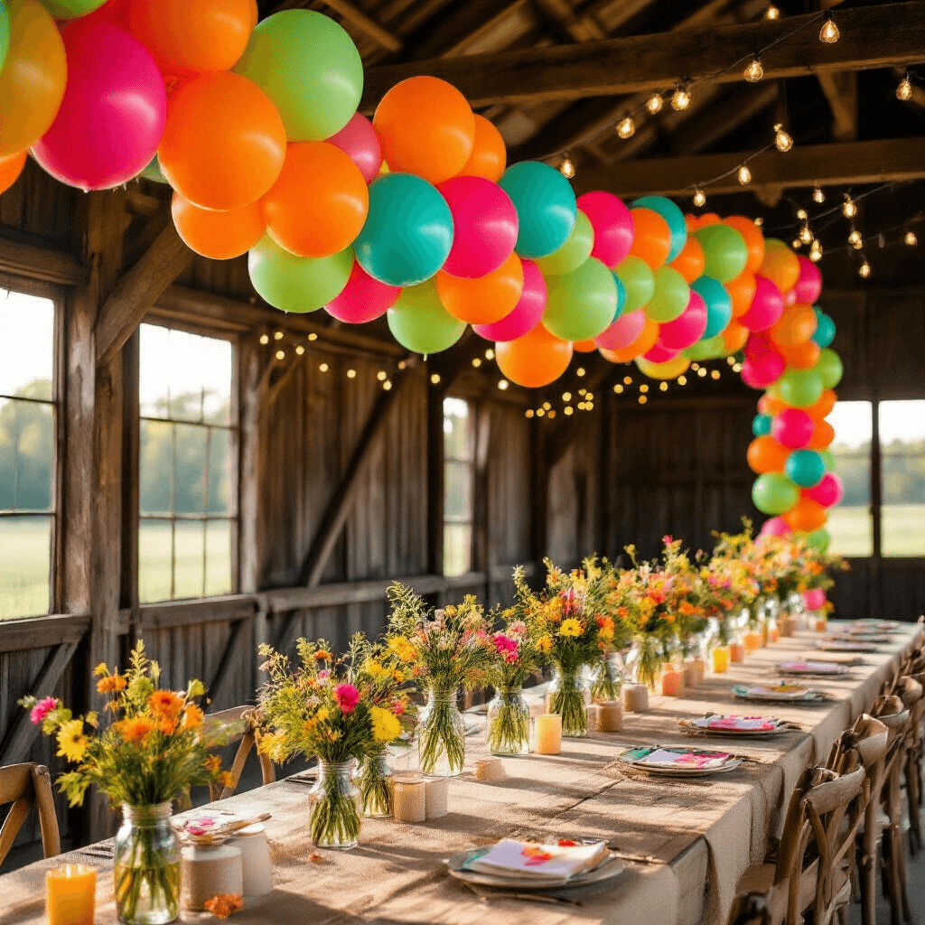 Birthday Balloons Aesthetic: How I Learned to Stop Settling for Boring Party Decor Close-up of a vibrant tropical-themed celebration in a rustic barn, featuring a bold balloon garland in electric orange, hot pink, lime green, and turquoise, with sunlight filtering through barn doors and illuminating mason jar centerpieces filled with wildflowers on burlap-covered tables, complemented by twinkling fairy lights and confetti-filled balloons.