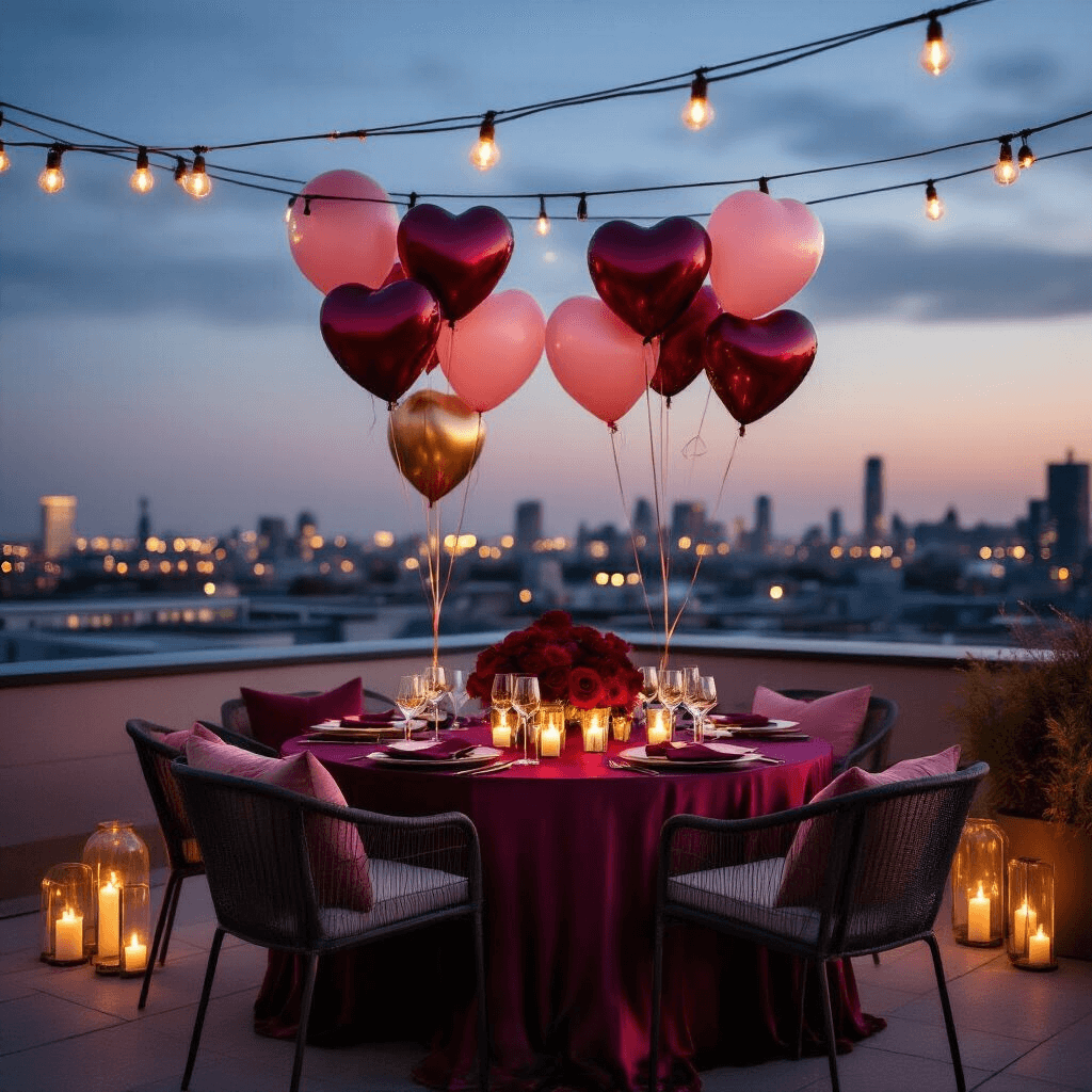 Birthday Balloons Aesthetic: How I Learned to Stop Settling for Boring Party Decor A romantic rooftop terrace at twilight adorned with heart-shaped burgundy and blush balloons, illuminated by candlelight and fairy lights, featuring a deep burgundy silk table for two surrounded by modern outdoor furniture and city lights in the background.