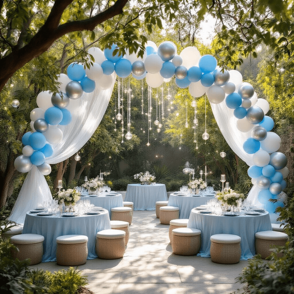 Birthday Balloons Aesthetic: How I Learned to Stop Settling for Boring Party Decor A stylish backyard garden party with an enchanted princess theme, featuring ice blue, white, and silver balloons, elegant draped tables, dappled sunlight, and intimate seating areas, creating a magical yet sophisticated atmosphere.