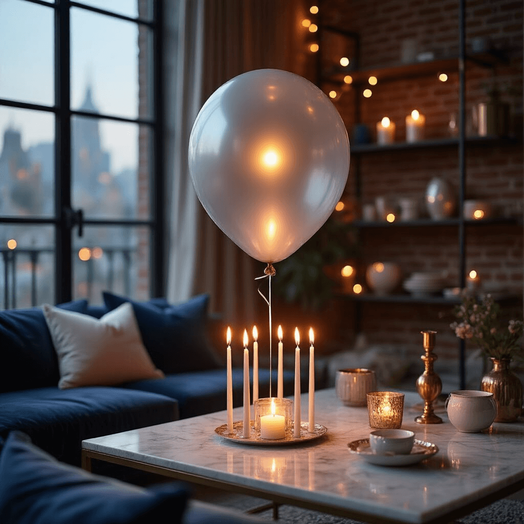 How to Make DIY Hot Air Balloons That Actually Fly (Without Burning Down Your House) Close-up of a balloon inflating in a stylish modern apartment during a candlelit evening, featuring warm candlelight reflections, velvet navy cushions, a marble coffee table, fairy lights, and a backdrop of exposed brick walls with lavender and silver accents.