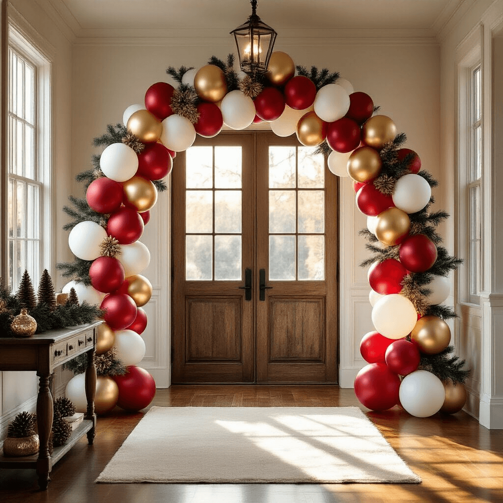 Christmas Balloons: How I Transform Holiday Spaces Without Breaking the Bank (Or My Sanity) Photorealistic wide-angle shot of an elegant home entryway adorned with a sophisticated Christmas balloon arch in red, gold, and white, over a rustic wooden doorway, with natural sunlight illuminating polished hardwood floors and a vintage console table decorated with pine cones and mercury glass votives.