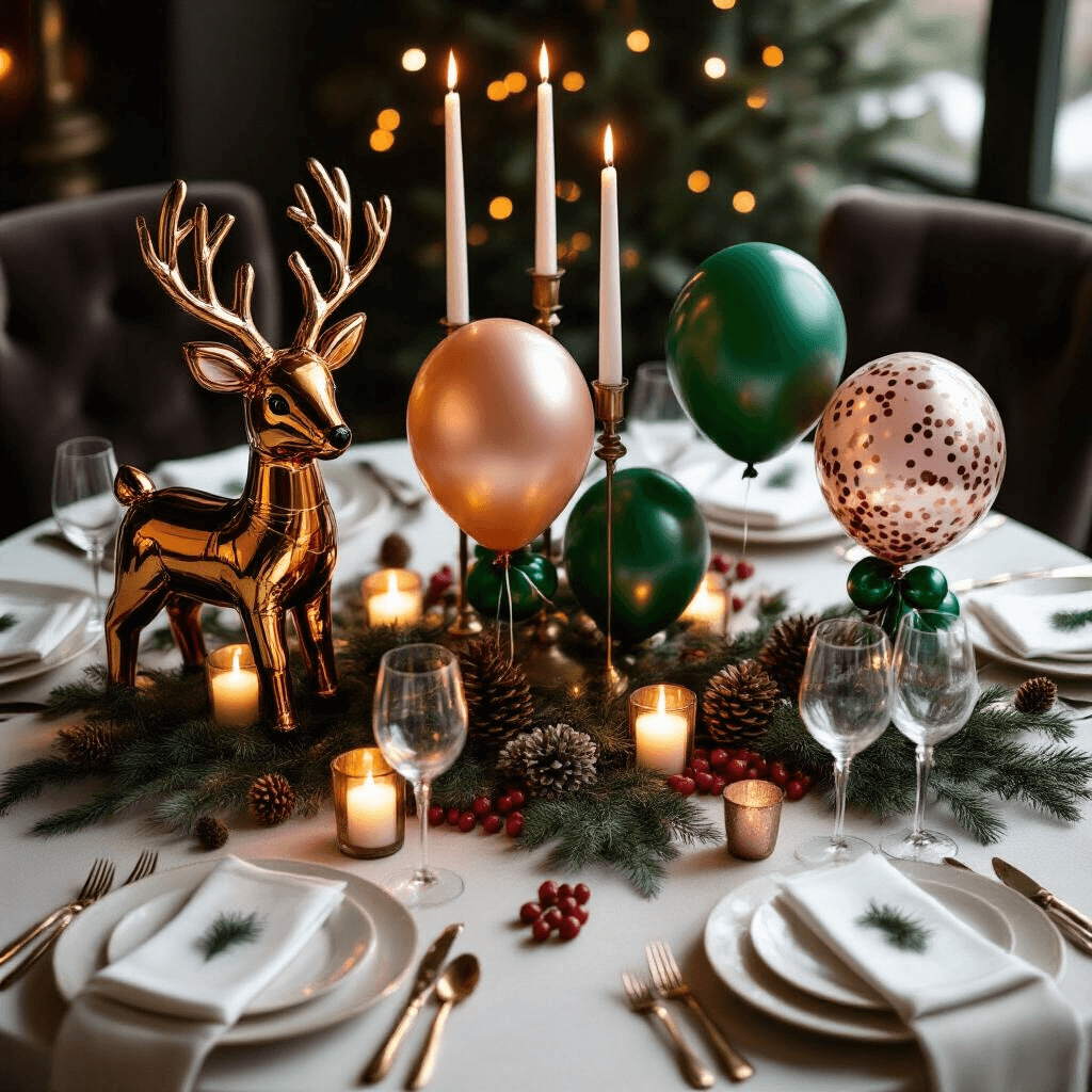 Christmas Balloons: How I Transform Holiday Spaces Without Breaking the Bank (Or My Sanity) Cinematic overhead shot of a candlelit dining table featuring Christmas balloon centerpieces with foil reindeer, green latex balloons, and rose gold accents, surrounded by fresh cranberries and pine cones on a white linen tablecloth, illuminated by soft candlelight.