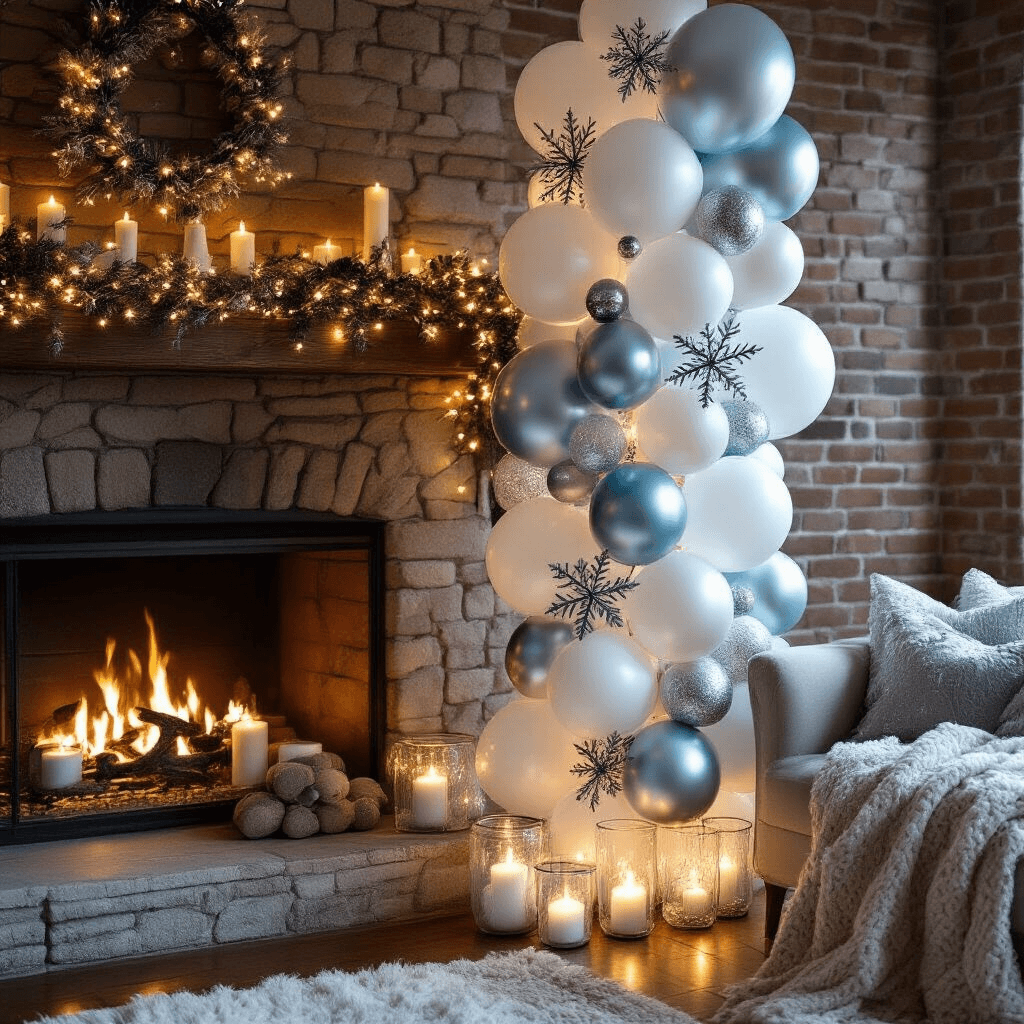 Christmas Balloons: How I Transform Holiday Spaces Without Breaking the Bank (Or My Sanity) Cozy living room corner with a dramatic balloon column beside a stone fireplace, featuring silver snowflakes and ice blue balloons, entwined with warm fairy lights, surrounded by chunky knit blankets and velvet cushions.