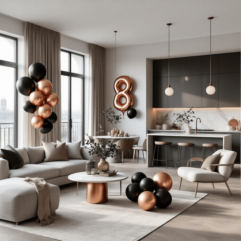 Christmas Balloons: How I Transform Holiday Spaces Without Breaking the Bank (Or My Sanity) Wide-angle view of a modern apartment living room bathed in soft morning light, showcasing a minimalist design with strategically arranged balloon decorations in matte black, metallic copper, and rose gold, complemented by contemporary furniture and layered textures.