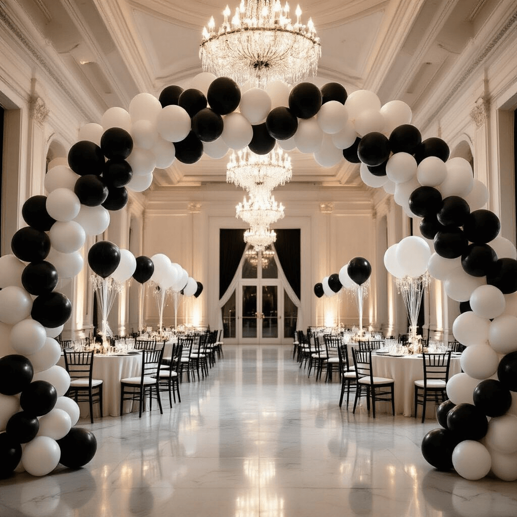 Black and White Balloons: Your Complete Guide to Timeless Party Elegance Wide-angle shot of an elegant indoor ballroom adorned with a black and white balloon arch, ivory silk table linens, and crystal chandeliers, featuring soft amber lighting and fairy lights, creating a sophisticated monochromatic atmosphere.