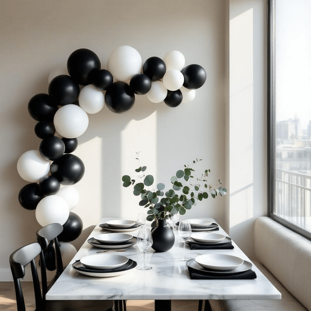 Black and White Balloons: Your Complete Guide to Timeless Party Elegance Overhead view of a modern apartment dining setup with a balloon garland in black and white, a low dining table with white plates and matte black napkins, and eucalyptus sprigs, all bathed in soft morning sunlight.