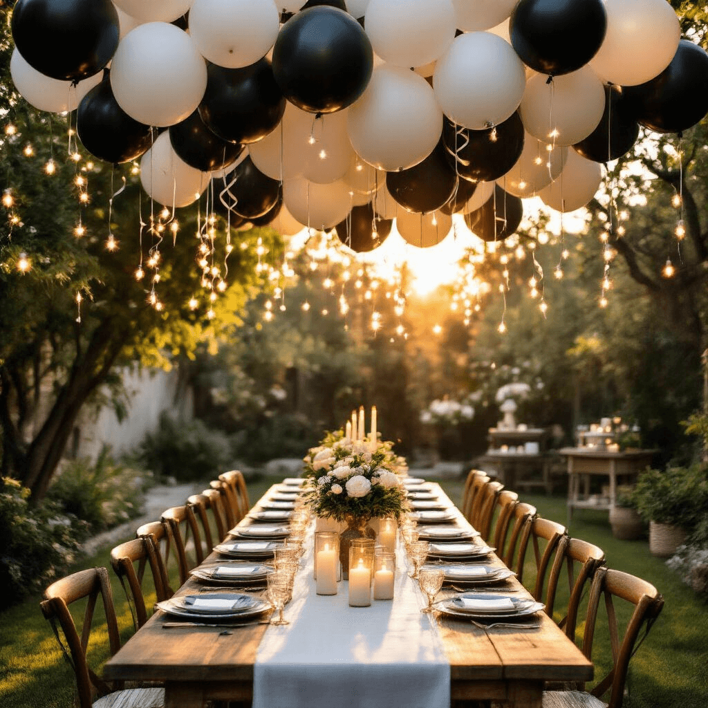 Black and White Balloons: Your Complete Guide to Timeless Party Elegance A stylish backyard garden party setup at golden hour with twinkling string lights, a balloon ceiling installation of black and white balloons, a rustic farmhouse table adorned with white linens, candles in glass hurricanes, and fresh white florals, all illuminated by warm golden light.