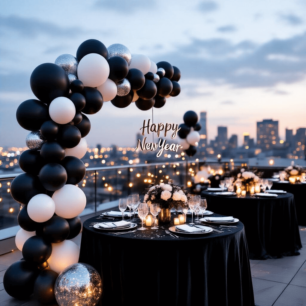 Black and White Balloons: Your Complete Guide to Timeless Party Elegance Close-up detail of a luxurious New Year's Eve rooftop celebration with a matte black and white balloon garland, black velvet tables, silver charger plates, crystal stemware, and shimmering fairy lights, creating an elegant and sophisticated atmosphere against a backdrop of city lights.