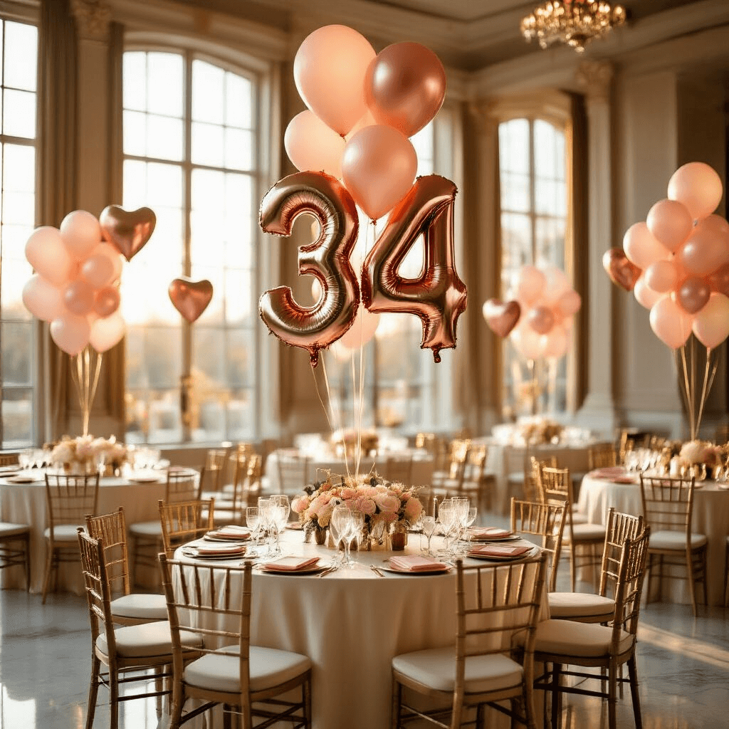 Where to Find the Best Party Balloons in Canada (Without Losing Your Mind) A luxurious indoor ballroom during golden hour, featuring elegant round tables with silk ivory linens and rose gold number balloons as centerpieces, complemented by clusters of blush pink and cream metallic balloons, crystal glassware, and velvet-cushioned gold chairs.