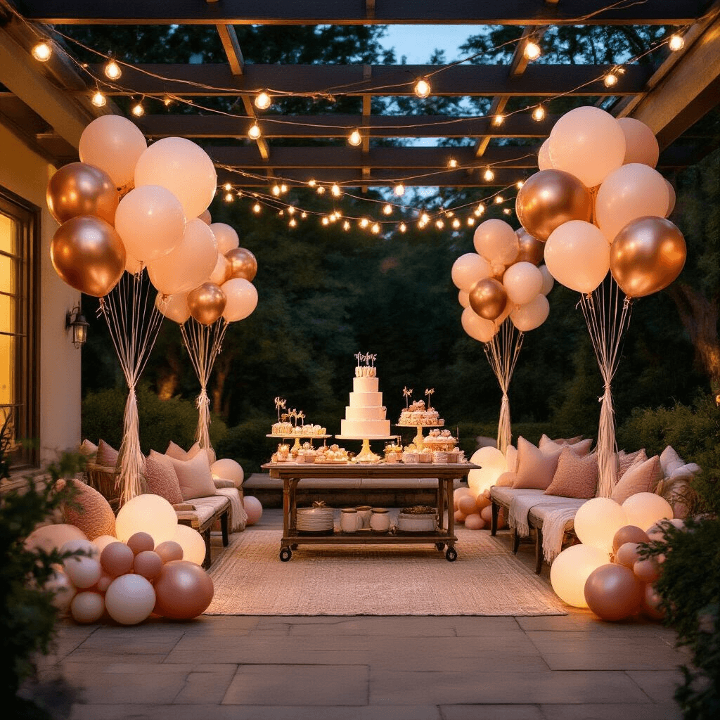 Where to Find the Best Party Balloons in Canada (Without Losing Your Mind) A stylish backyard celebration at night features ceiling balloon arrangements in vintage rose gold, string lights overhead, a dessert cart with a tiered cake, and picnic-style seating in cream and blush tones, all creating a cozy and inviting atmosphere.